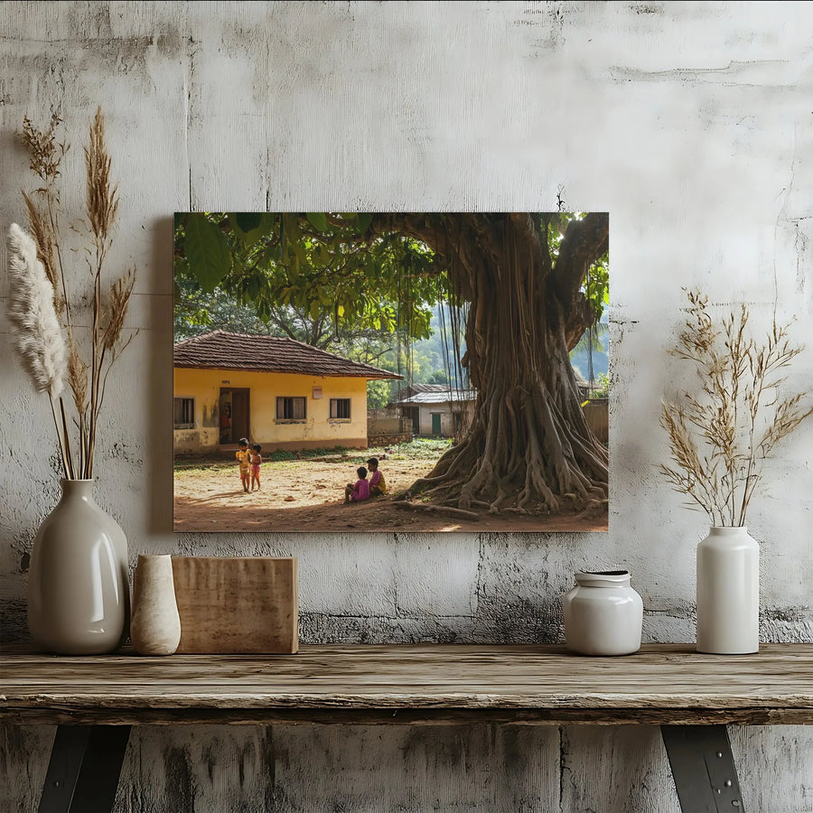 Rural Village Scene Canvas Wall Art | Children Under Banyan Tree Photography | Premium 1.25" Gallery Wrap | Cultural Home Decor Gift