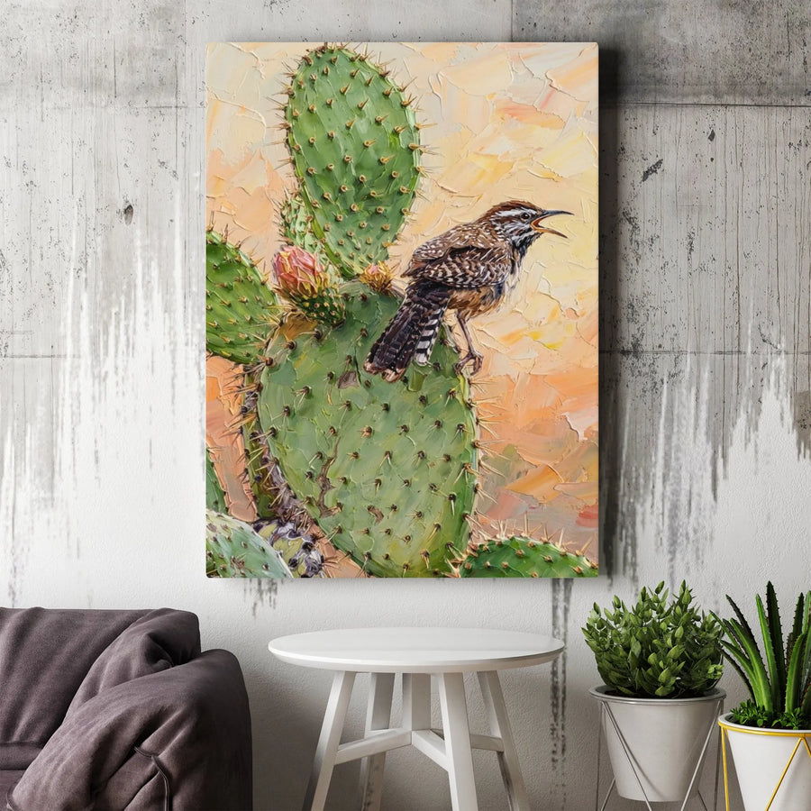 Cactus Wren Painting Canvas | Southwestern Textured Bird Art | Premium Thick Gallery Wrap | Nature Lover Gift for Rustic Home Decor