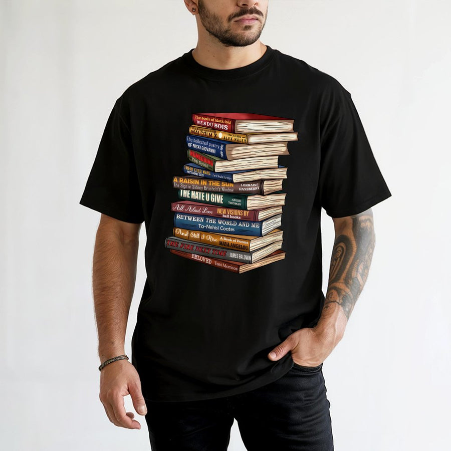 Black History Month Book Stack T-Shirt | Iconic African American Literature Authors | 100% Cotton Premium Tee | Gift for Teachers and Readers
