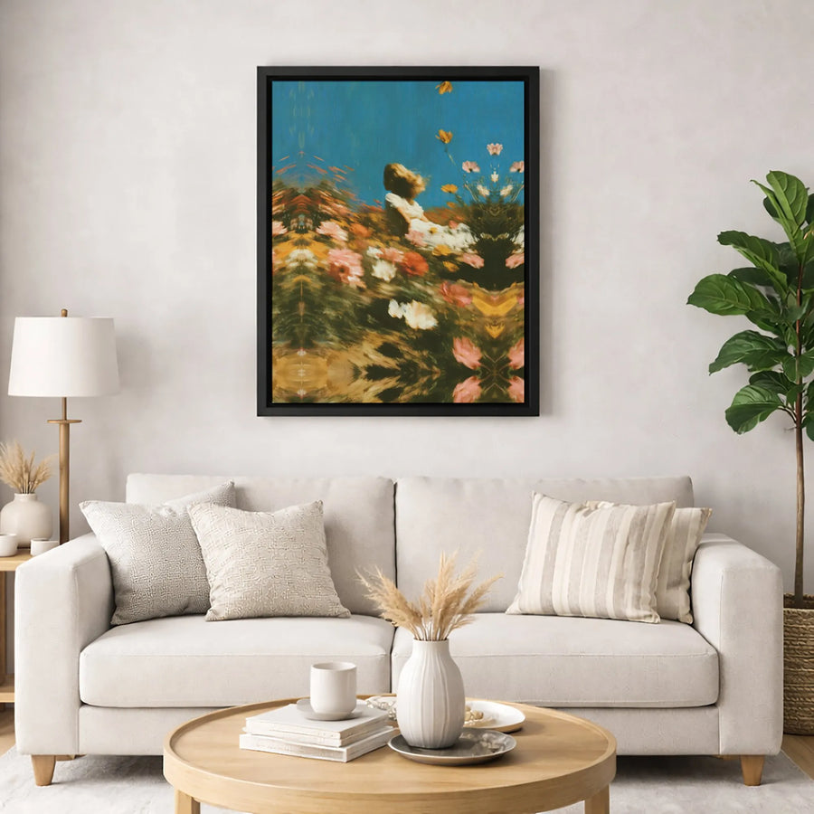 Surreal Floral Field Canvas Art | Woman In Garden Abstract Print | Premium Gallery Wrapped Wall Decor | Whimsical Nature Aesthetic Home Gift