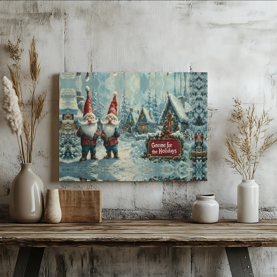 Gnome for the Holidays Wall Art | Christmas Snowy Village Painting | Premium Gallery Wrap Canvas | Festive Winter Home Decor Gift