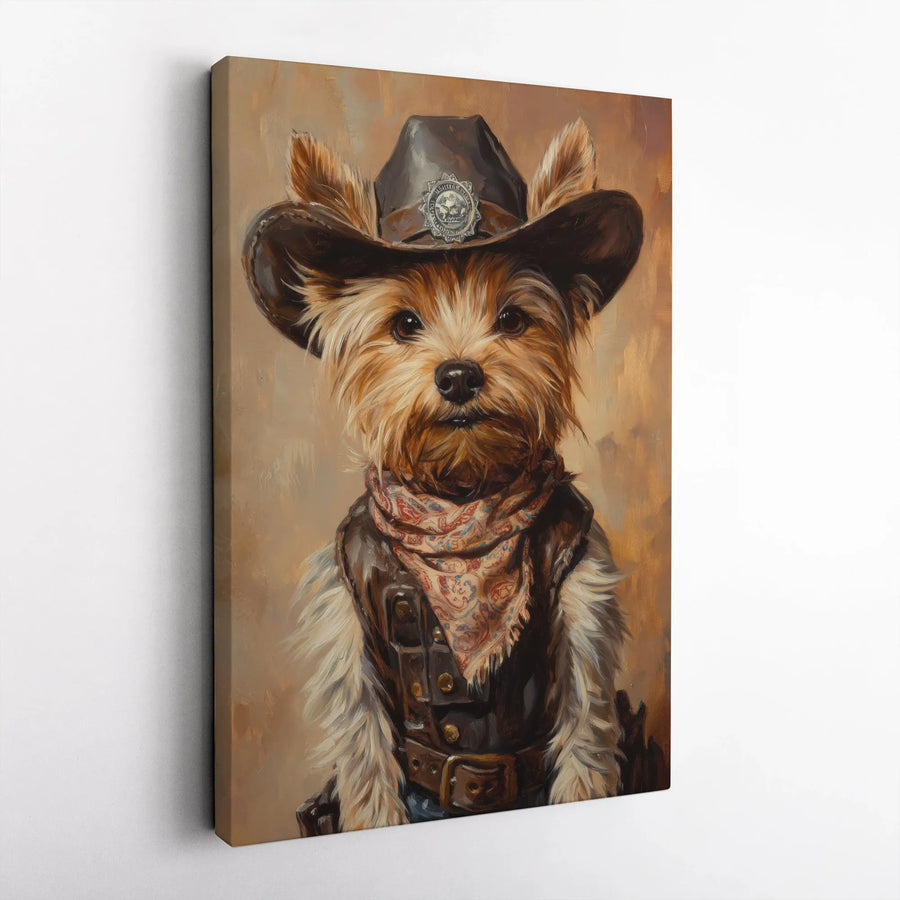 Yorkshire Terrier Canvas Art | Cowboy Sheriff Dog Wall Decor | Premium Gallery Wrap Print | Unique Gift for Dog Lovers