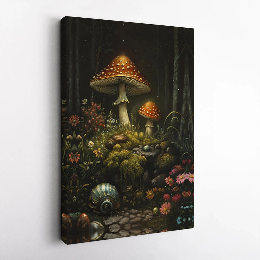 Mushroom Canvas Wall Art | Enchanted Forest Goblincore Aesthetic | Premium Gallery Wrapped Print | Cottagecore Home Decor Gift