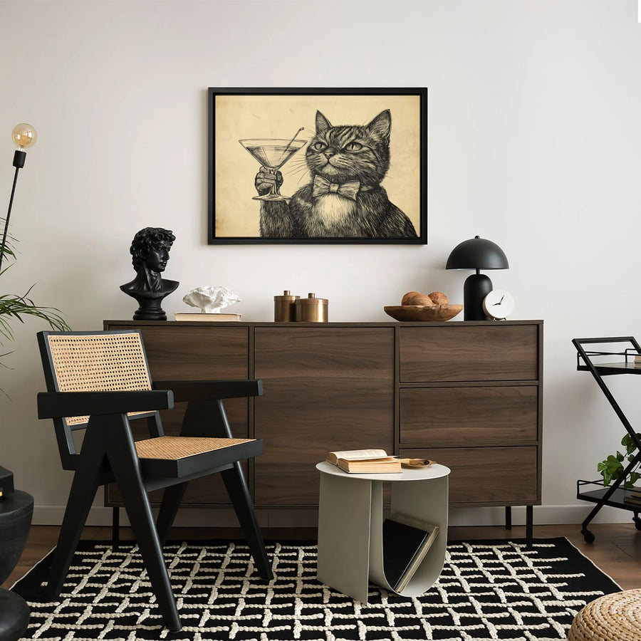 Cat With Martini Canvas Print | Vintage Bow Tie Kitten Sketch Art | Premium Gallery Wrapped Wall Decor | Funny Bar Pub Home Bar Gift