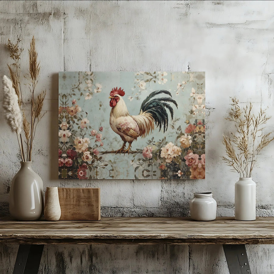Vintage Rooster Wall Art | Farmhouse Floral Painting Print | Premium Gallery Wrapped Canvas | Country Kitchen Decor Gift