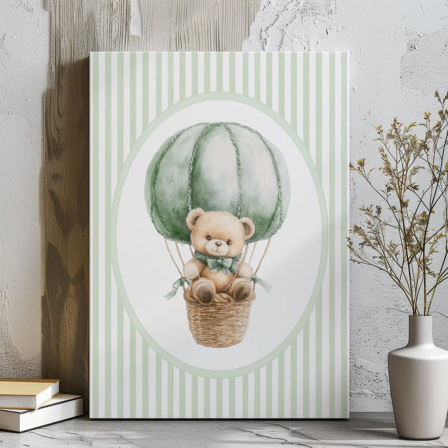 Watercolor Teddy Bear Canvas Art | Sage Green Hot Air Balloon Nursery Decor | Gallery Wrap Wall Print | Gender Neutral Baby Room Gift
