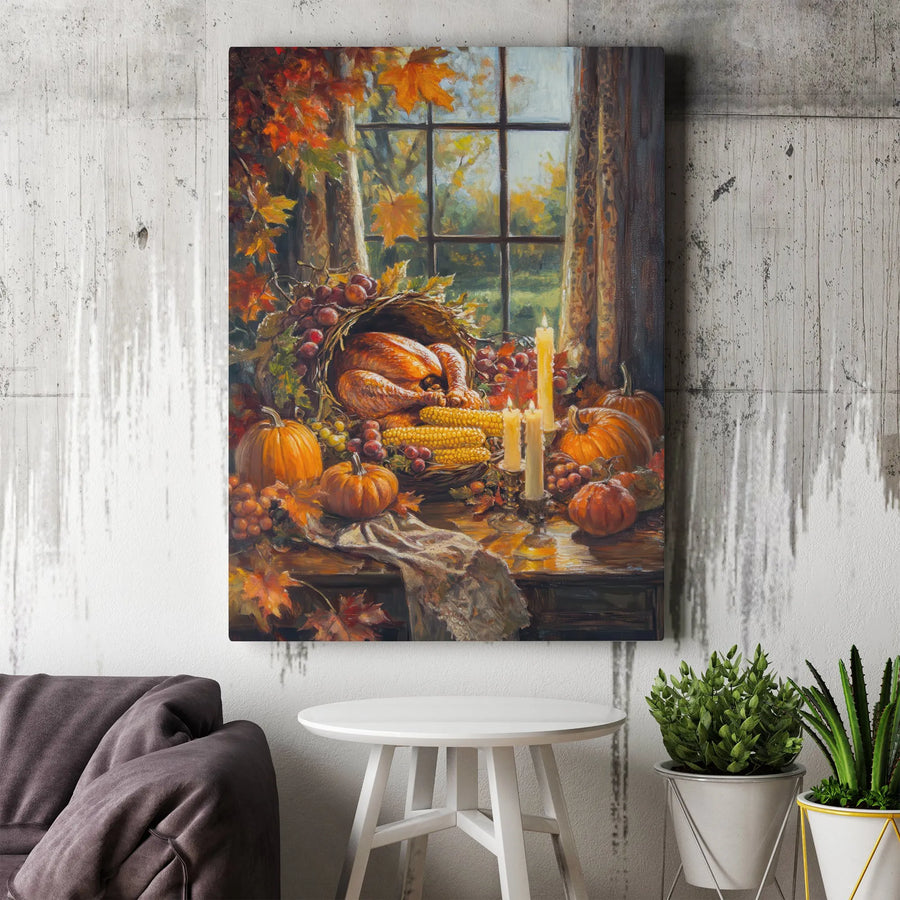 Thanksgiving Harvest Canvas Wall Art | Cornucopia Turkey Still Life Painting | Premium Gallery Wrap Decor | Holiday Dining Room Gift