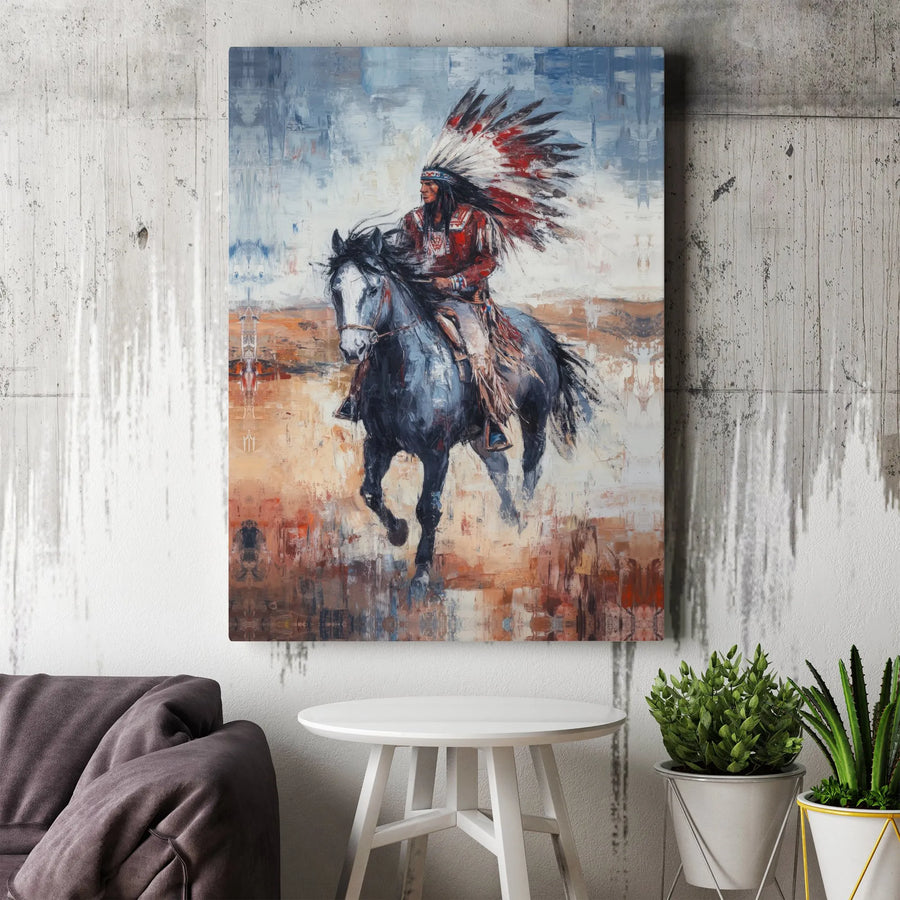 Native American Wall Art Canvas Print | Abstract Warrior on Horseback Painting | Premium Thick Gallery Wrap | Collector's Gift for Western Home Decor