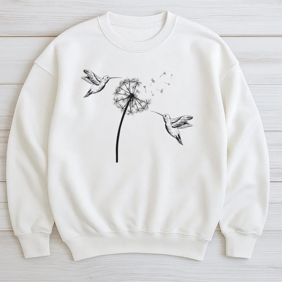 Hummingbird Dandelion Sweatshirt | Botanical Nature Graphic Art | Premium Cotton Blend Crewneck | Cozy Bird Lover Gift for Women and Nature Fans