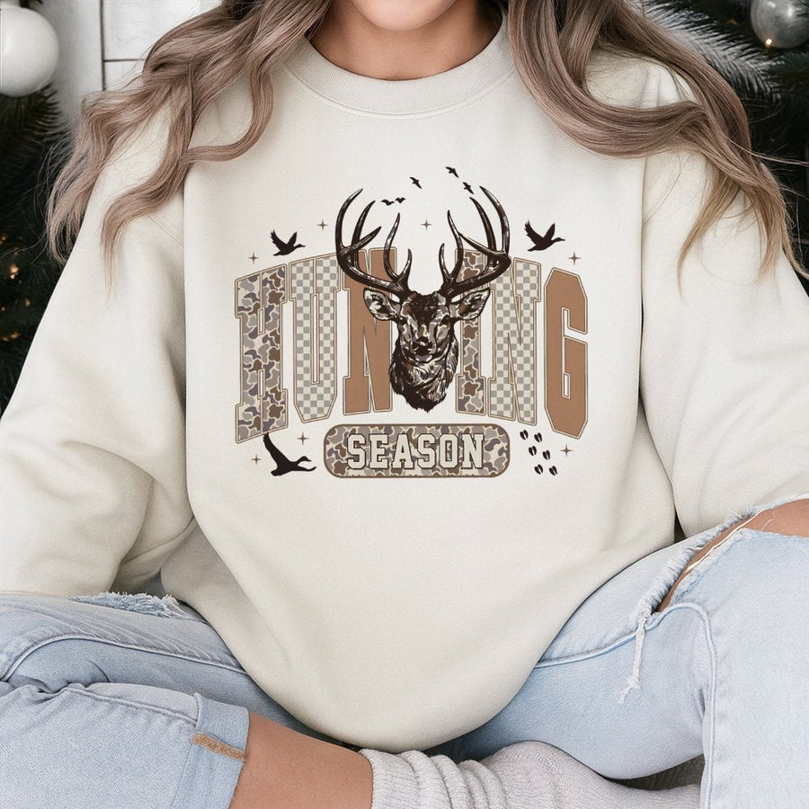 Hunting Season Sweatshirt | Retro Deer Head Graphic with Camo Print | Premium Cotton Blend | Gift for Hunters and Outdoor Lovers