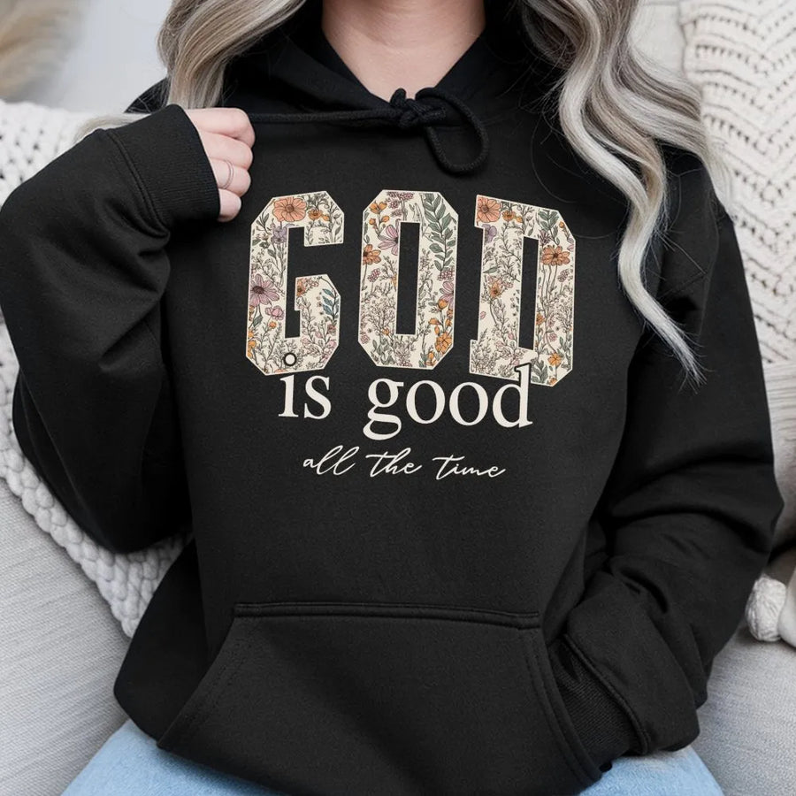 God Is Good Hoodie | Floral Lettering Christian Quote | Premium Cotton-Blend | Inspirational Religious Faith Gift for Women and Men