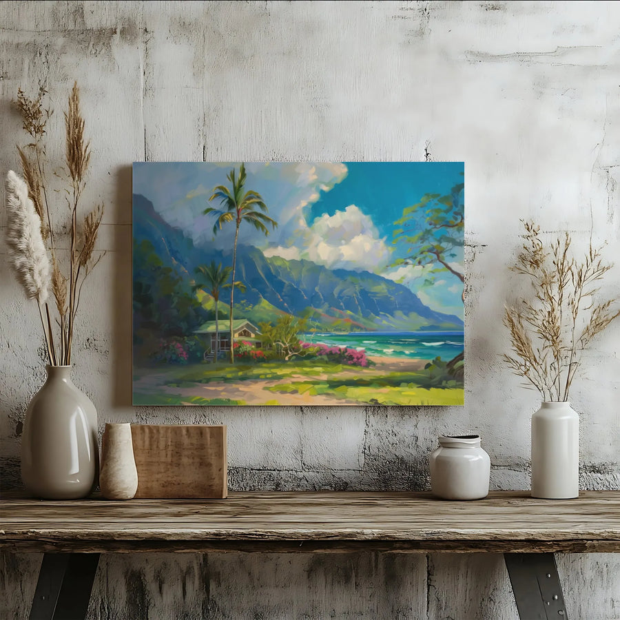 Tropical Beach House Canvas Wall Art | Hawaiian Mountains Landscape | Premium Gallery Wrapped Print | Coastal Home Decor Gift