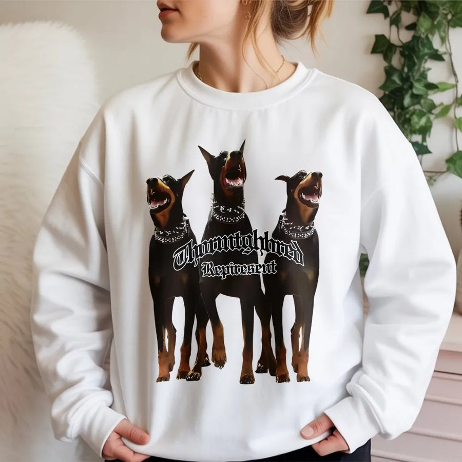Doberman Graphic Sweatshirt | Triple Dog Print Streetwear | Premium Cotton Blend Crewneck | Edgy Dog Lover Gift For Men And Women