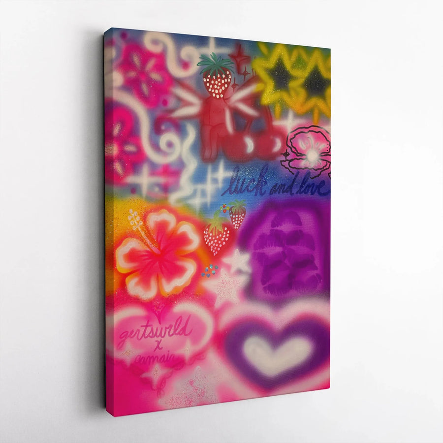 Y2K Aesthetic Airbrush Canvas Art | Retro Strawberry Hearts Hibiscus Wall Decor | 1.25 Inch Gallery Wrap | Vibrant Pink Bedroom Aesthetic Gift