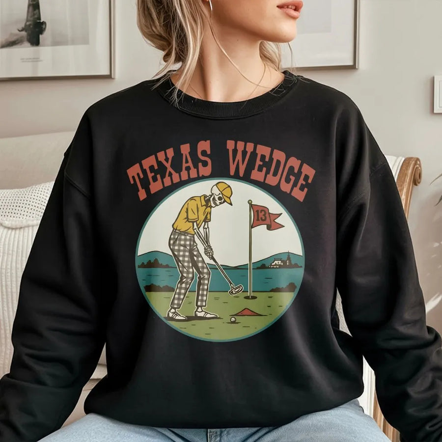 Texas Wedge Golf Sweatshirt | Vintage Skeleton Golfer Graphic | Premium Cotton Blend Crewneck | Funny Golf Gift for Men and Women