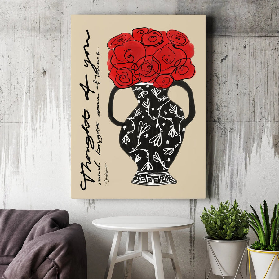 Red Rose Flower Canvas Wall Art | Romantic Greek Vase Illustration | Premium Fade-Resistant Print | Gift for Her Living Room Decor