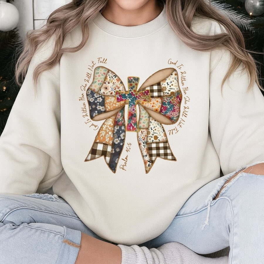God Is Within Her She Will Not Fall Sweatshirt | Psalm 46:5 Cross Coquette Bow Design | Premium Cotton Blend | Christian Gift for Her