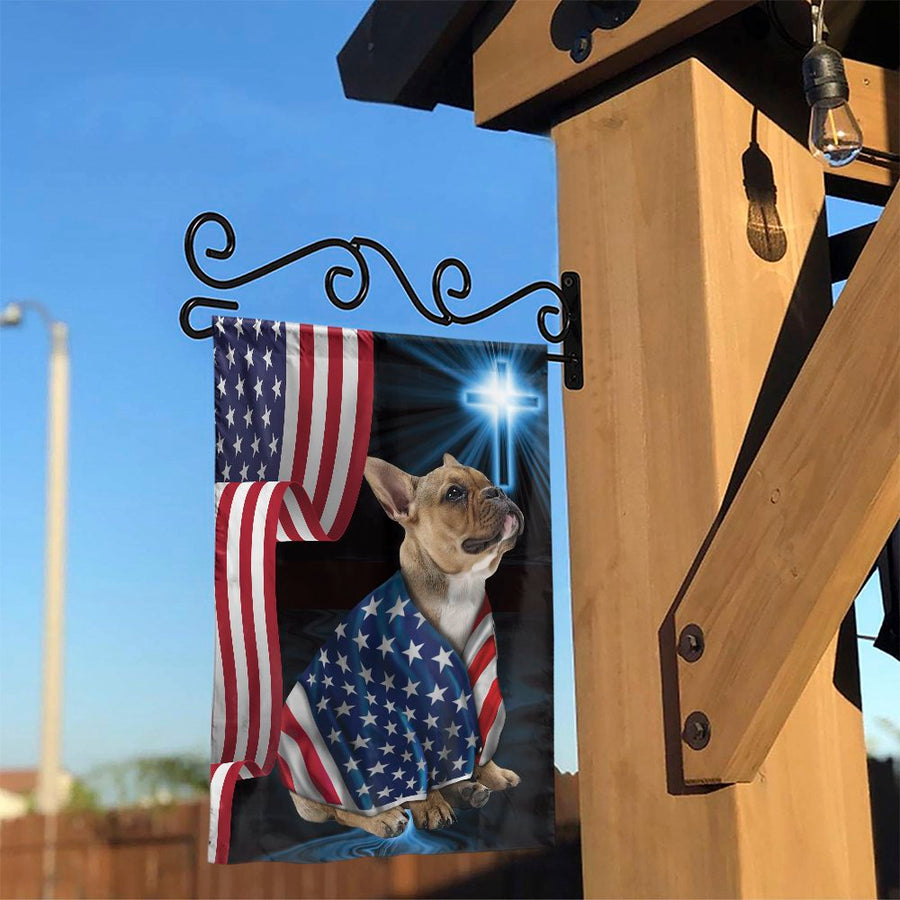 French Bulldog Garden Flag | Patriotic American Flag & Cross Design | Premium Weather-Resistant Polyester | USA Garden Decor Gift for Dog Lovers
