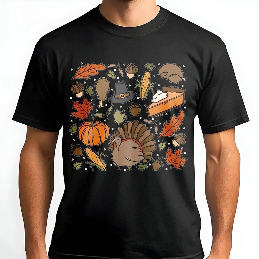 Thanksgiving Doodle T-Shirt | Fall Pumpkin Turkey Graphic | Premium Soft Cotton Tee | Cute Thanksgiving Outfit Gift for Women & Families