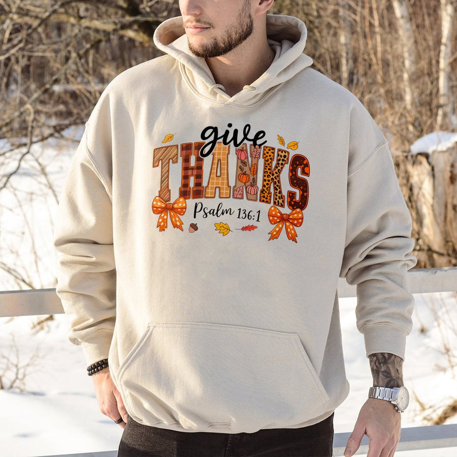 Give Thanks Psalm 136:1 Hoodie | Preppy Fall Pumpkin Bow Design | Premium Cotton Blend | Christian Thanksgiving Gift for Women