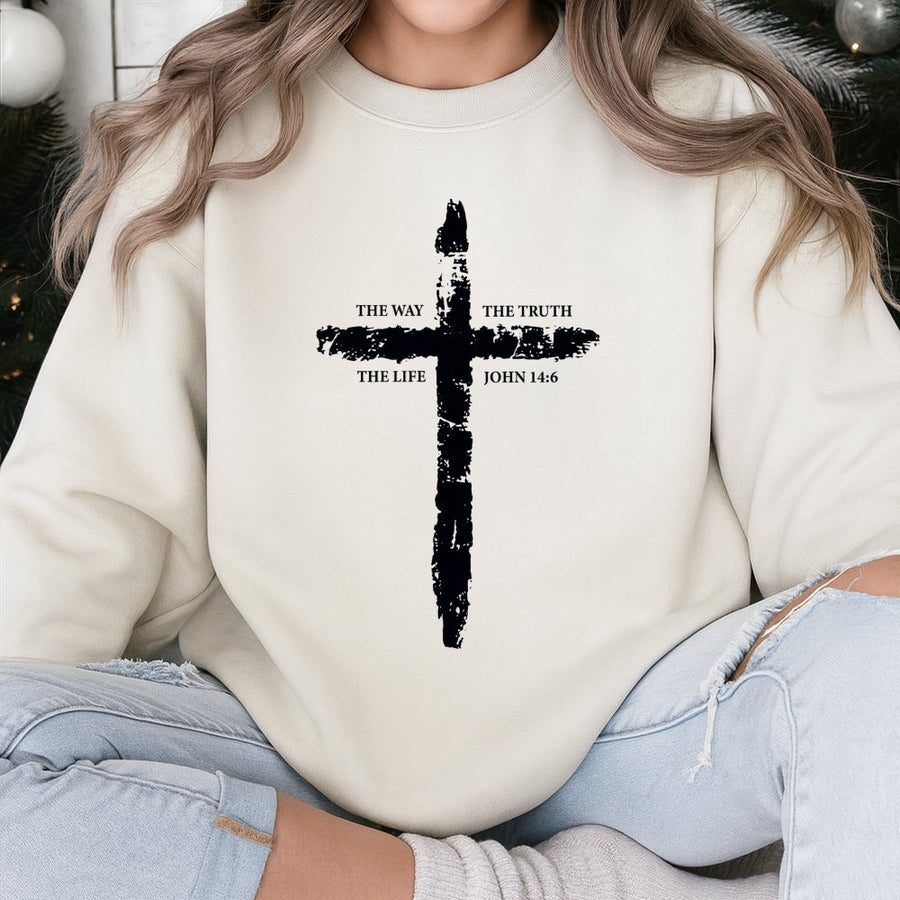 John 14:6 Bible Verse Sweatshirt | Rustic Cross Graphic | Premium Cotton Blend | Christian Faith Gift for Men and Women