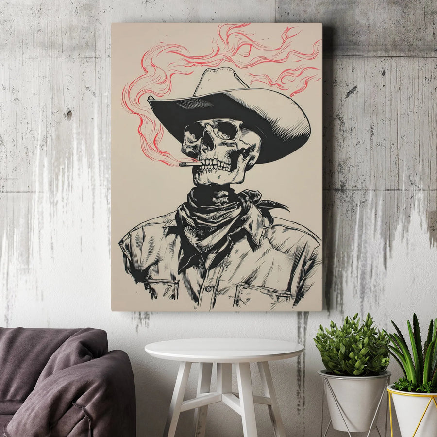 Skeleton Cowboy Canvas Wall Art | Smoking Skull Western Decor | Premium Gallery Wrap Print | Edgy Gothic Home Office Gift