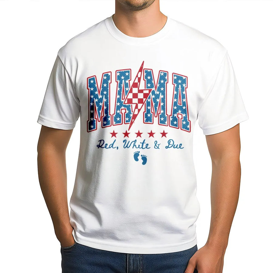 Mama Red White And Due T-Shirt | 4th of July Pregnancy Announcement Tee | Comfort Colors Shirt | Patriotic Gift for Expecting Mom
