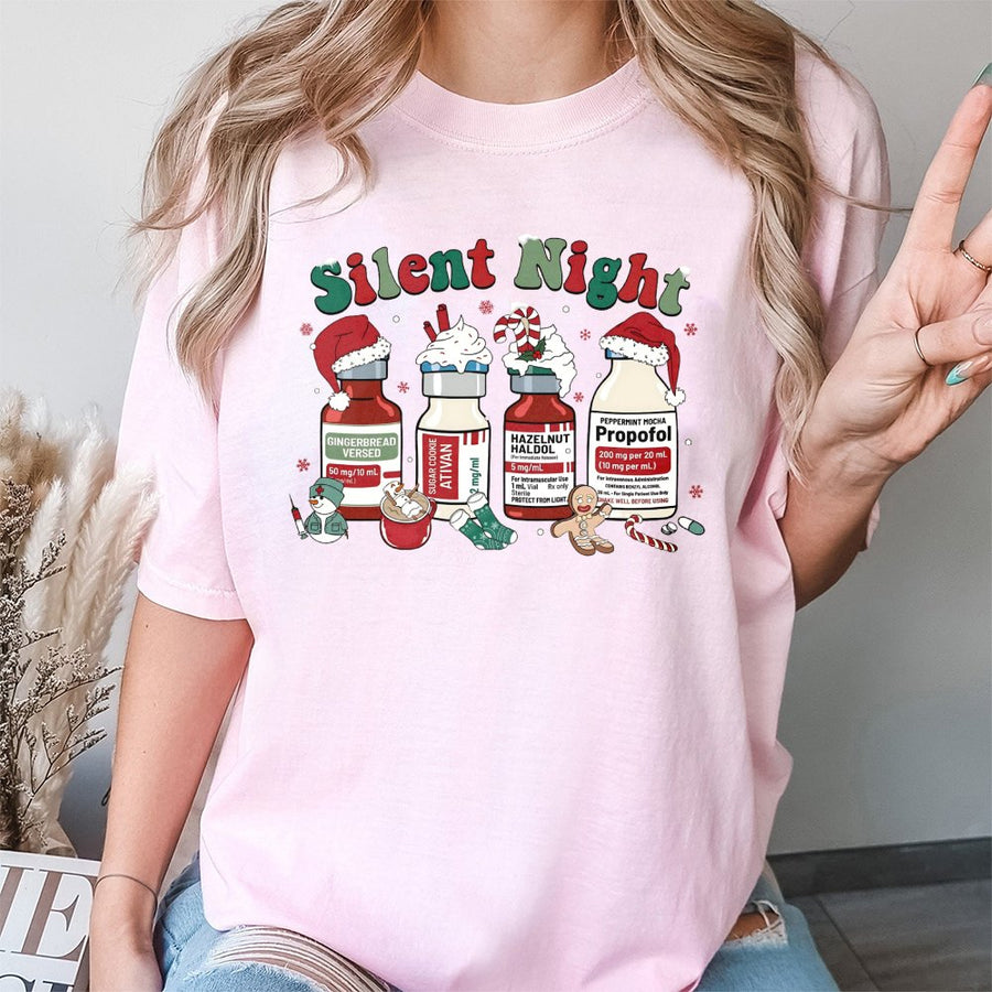 Silent Night Christmas T-Shirt | Medical Holiday Nurse Design | 100% Cotton Premium Tee | Funny ICU RN Gift for Doctors and Medical Professionals