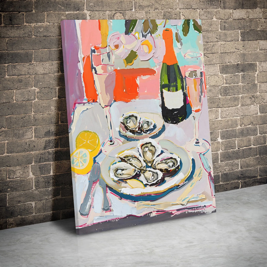 Oyster and Champagne Canvas Print | Abstract Still Life Wall Art | Premium Gallery Wrap 1.25 Inch | Modern Kitchen or Dining Room Decor Gift