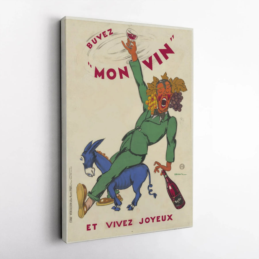 Vintage French Wine Poster Canvas | Buvez Mon Vin Art Print | Premium Gallery Wrapped Wall Decor | Unique Bar & Kitchen Gift