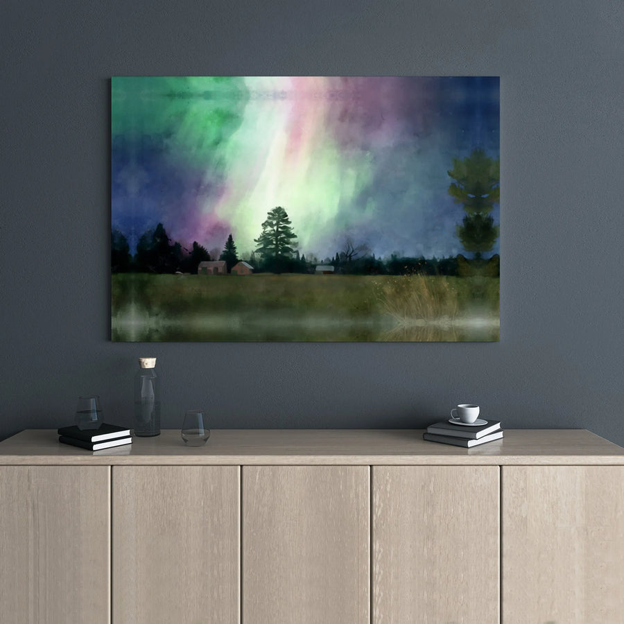 Northern Lights Canvas Wall Art | Watercolor Aurora Borealis Forest Landscape | Gallery Wrapped Premium Print | Nature Home Decor Gift