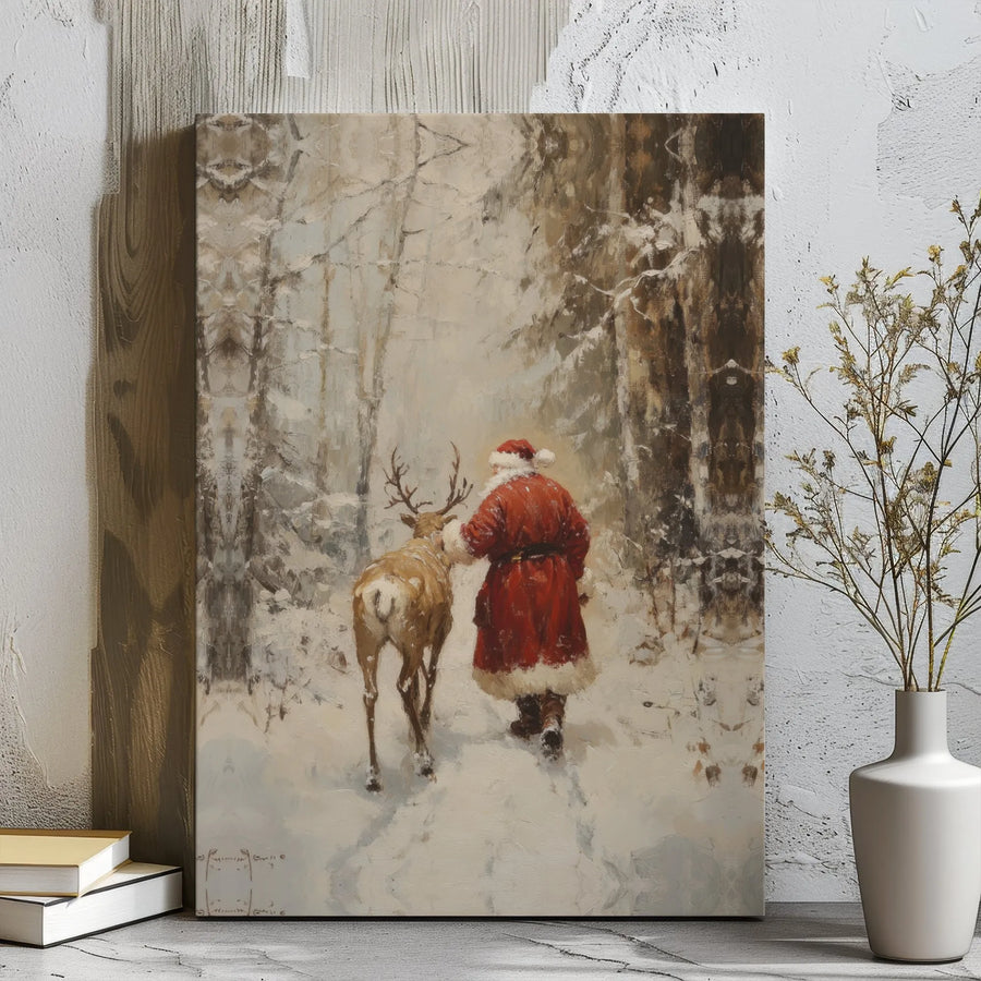 Vintage Santa Claus Wall Art | Snowy Forest Reindeer Print | Premium Gallery Wrapped Canvas | Christmas Home Decor Gift