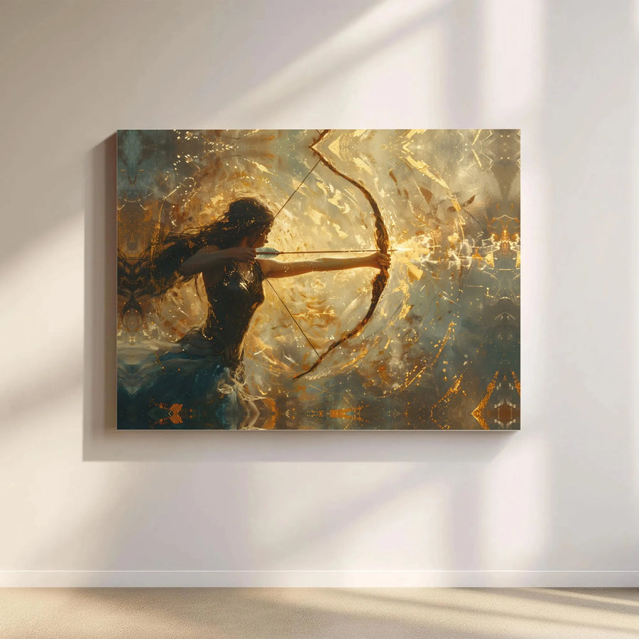 Archer Goddess Canvas Wall Art | Golden Fantasy Warrior Decor | Premium Gallery Wrap Print | Mythical Gift For Her
