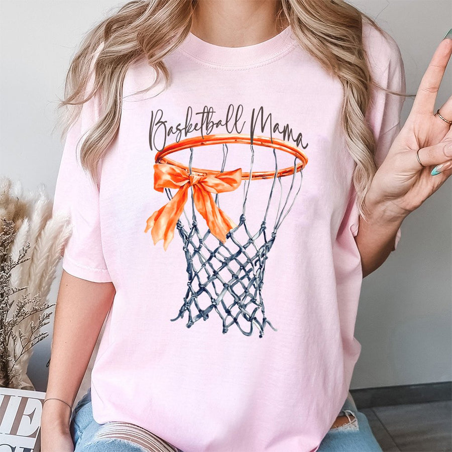 Basketball Mama T-Shirt | Watercolor Hoop with Ribbon Graphic | Premium 100% Cotton Tee | Sports Mom Gift for Game Day