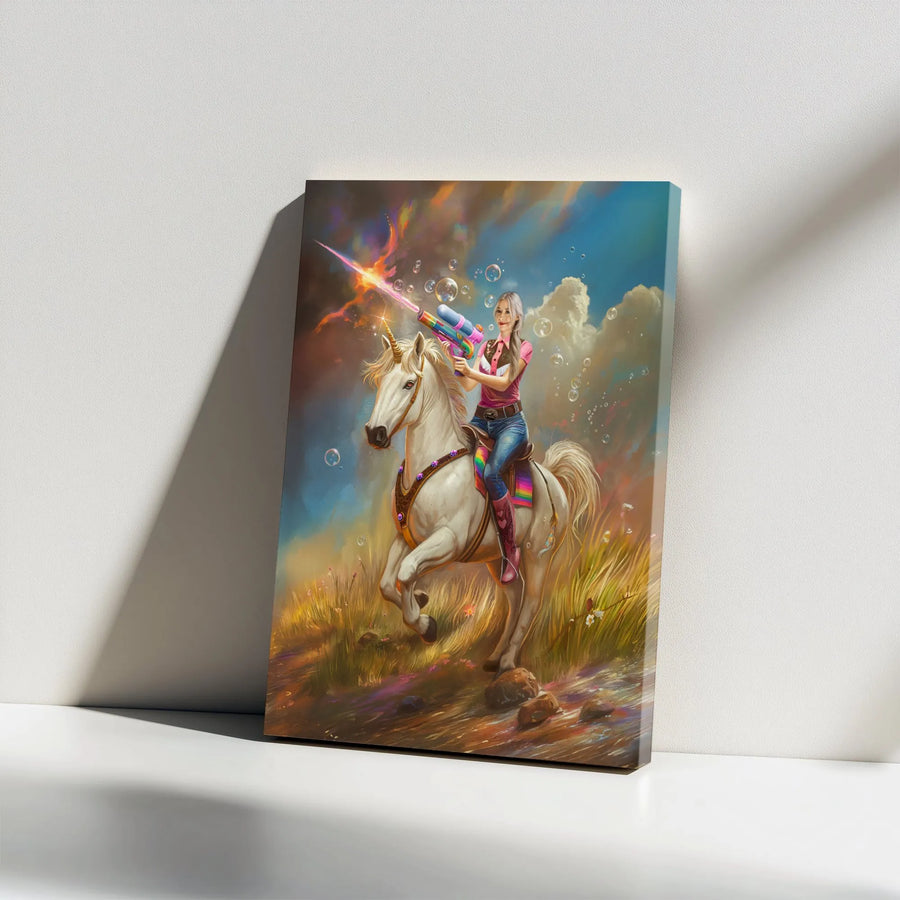 Fantasy Cowgirl Unicorn Wall Art | Woman Riding Unicorn with Water Gun | Premium Gallery Wrapped Canvas | Surreal Home Decor Gift for Her