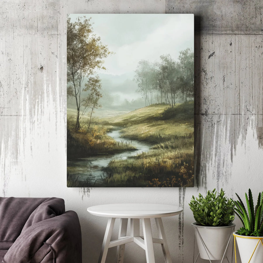 Misty River Landscape Canvas Print | Moody Oil Painting Style Art with Foggy Forest Scene | Premium Thick Gallery Wrap | Living Room & Office Wall Decor Gift