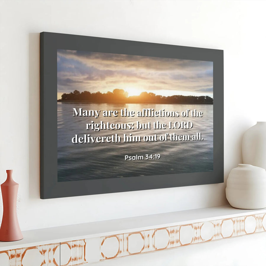 Psalm 34:19 Canvas Wall Art | Scripture Bible Verse Sunset Print | Premium Gallery Wrap Decor | Inspirational Christian Gift for Home Office
