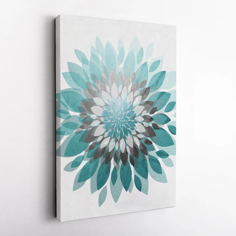 Abstract Floral Canvas Art | Teal and Gray Geometric Dahlia Print | Premium Gallery Wrapped Canvas | Modern Home Decor Gift