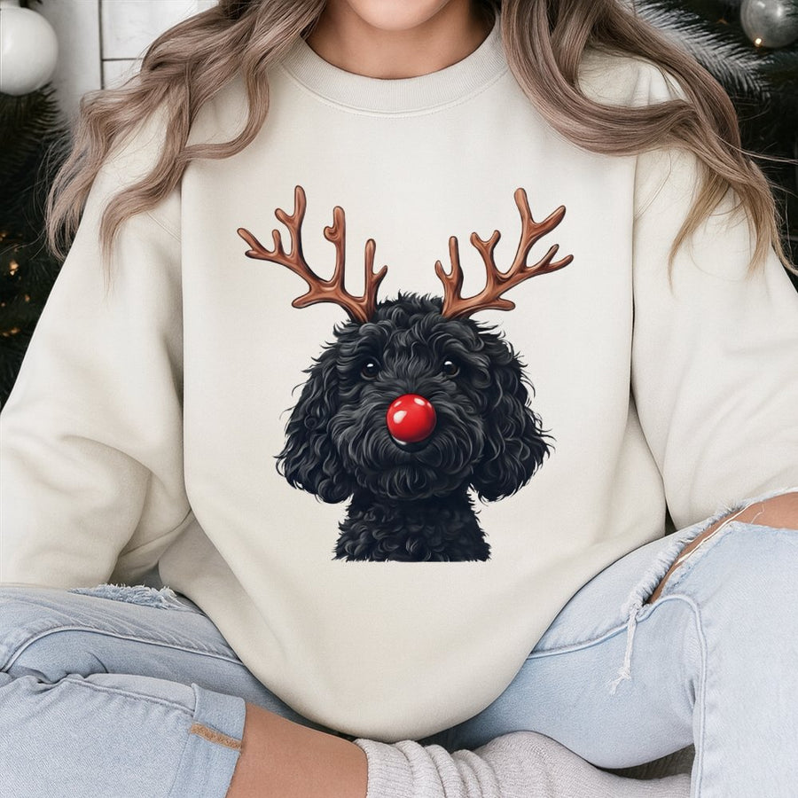 Black Goldendoodle Christmas Sweatshirt | Cute Reindeer Doodle Graphic | Premium Cotton Blend | Holiday Gift for Dog Mom and Dad