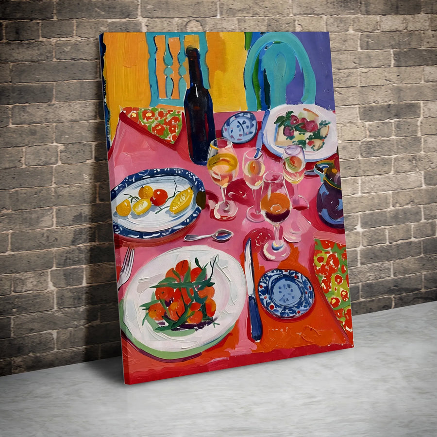 Abstract Dining Table Still Life Canvas | Vibrant Kitchen Food & Wine Painting | Gallery-Quality Fade-Resistant Wall Art | Modern Home Decor Gift