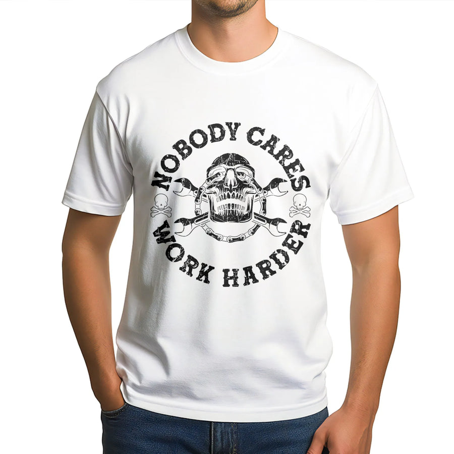 Nobody Cares Work Harder T-Shirt | Skull Wrench Mechanic Graphic | Premium Cotton Gym Apparel | Motivational Gift for Men and Mechanics
