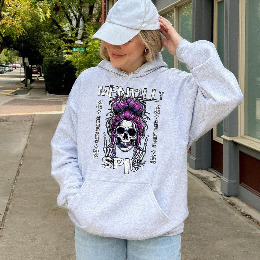Mentally Spicy Skull Hoodie | Sarcastic Skeleton Graphic Sweatshirt | Premium Cotton Blend | Funny Edgy Gift for Women & Men