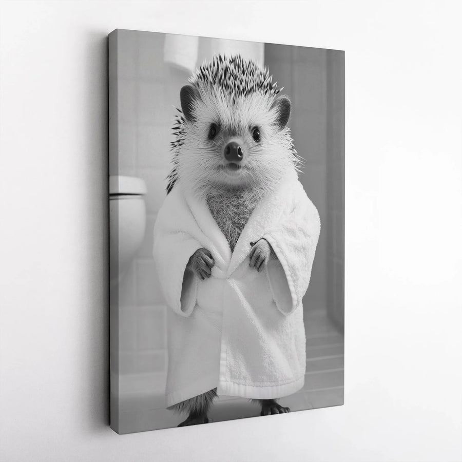 Hedgehog in Bathrobe Canvas Wall Art | Funny Black and White Animal Portrait | Premium 1.25-Inch Gallery Wrap | Cute Bathroom Decor for Home
