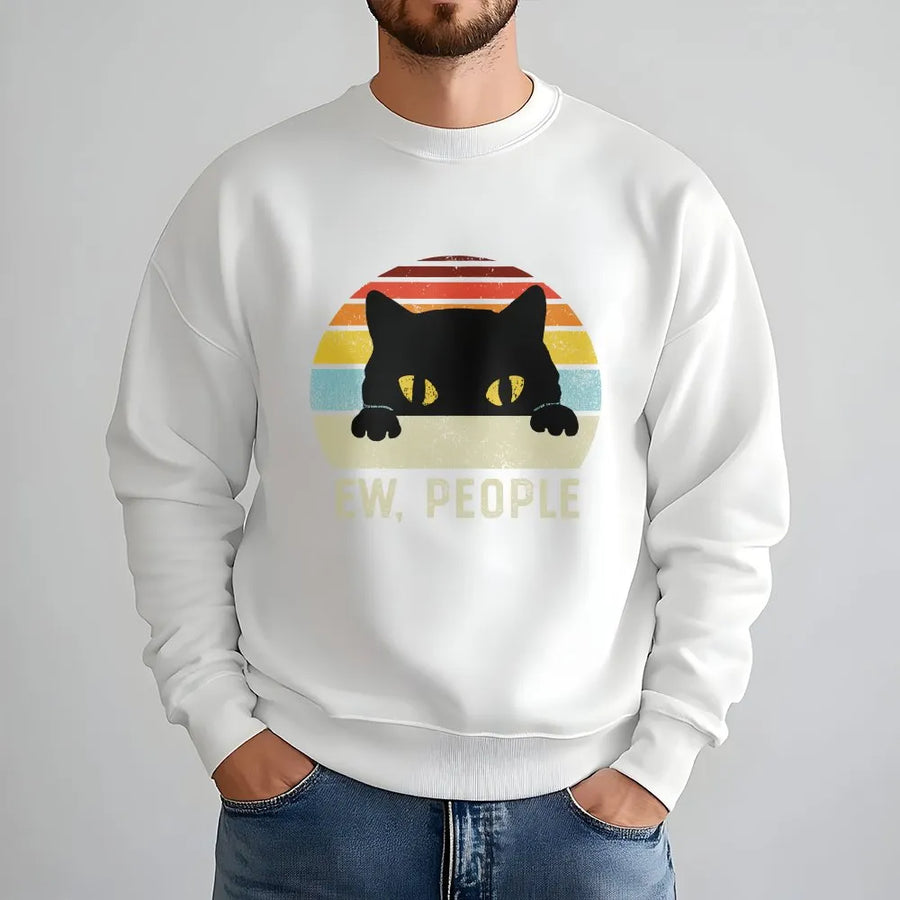 Ew People Cat Sweatshirt | Funny Retro Sunset Design | Premium Cotton-Poly Blend | Anti-Social Introvert Gift for Pet Lovers