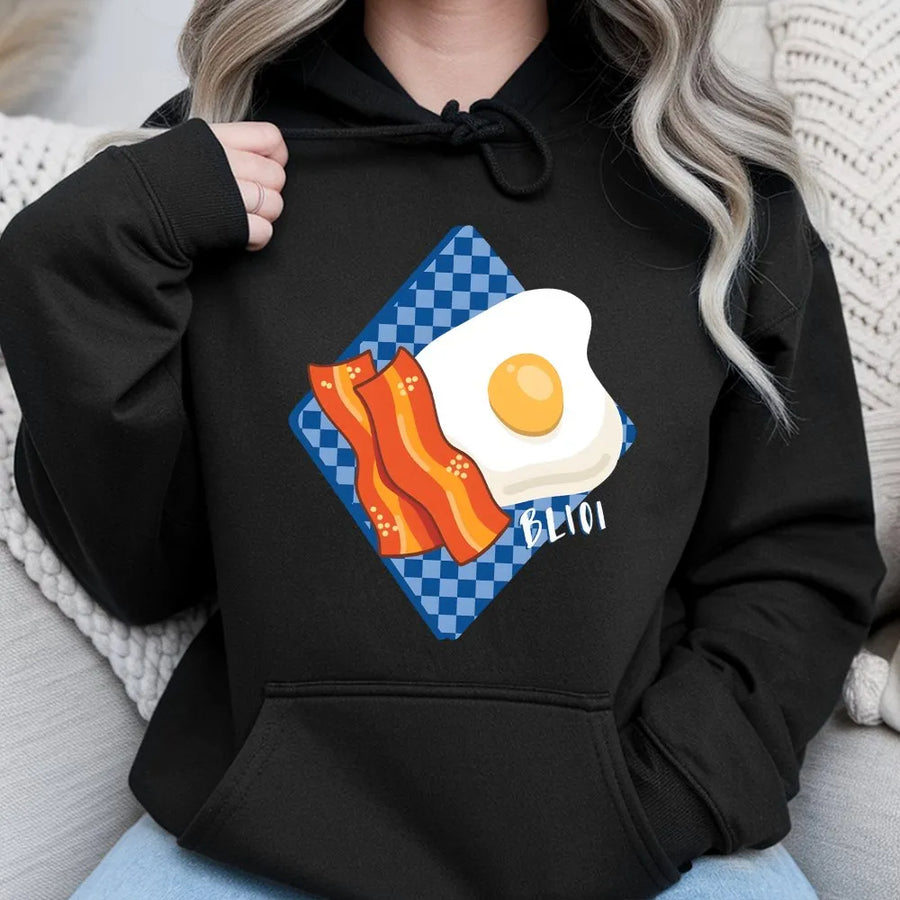 Bacon and Eggs Breakfast Hoodie | Retro Diner Food Graphic | Soft Cotton-Blend Pullover | Fun Gift for Foodies and Baseball Fans