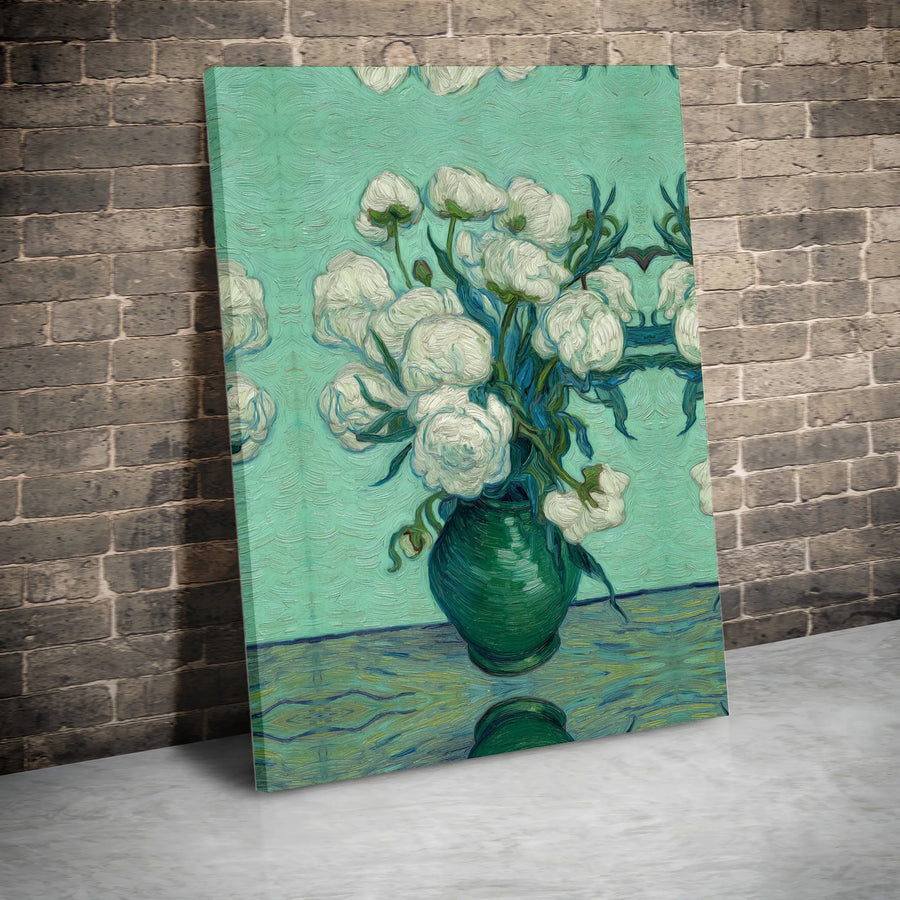 Van Gogh Roses Vertical Canvas | Vintage Impressionist White Flowers Oil Painting Style Print | Premium 1.25 Inch Gallery Wrap | Elegant Fine Art Home Decor Gift