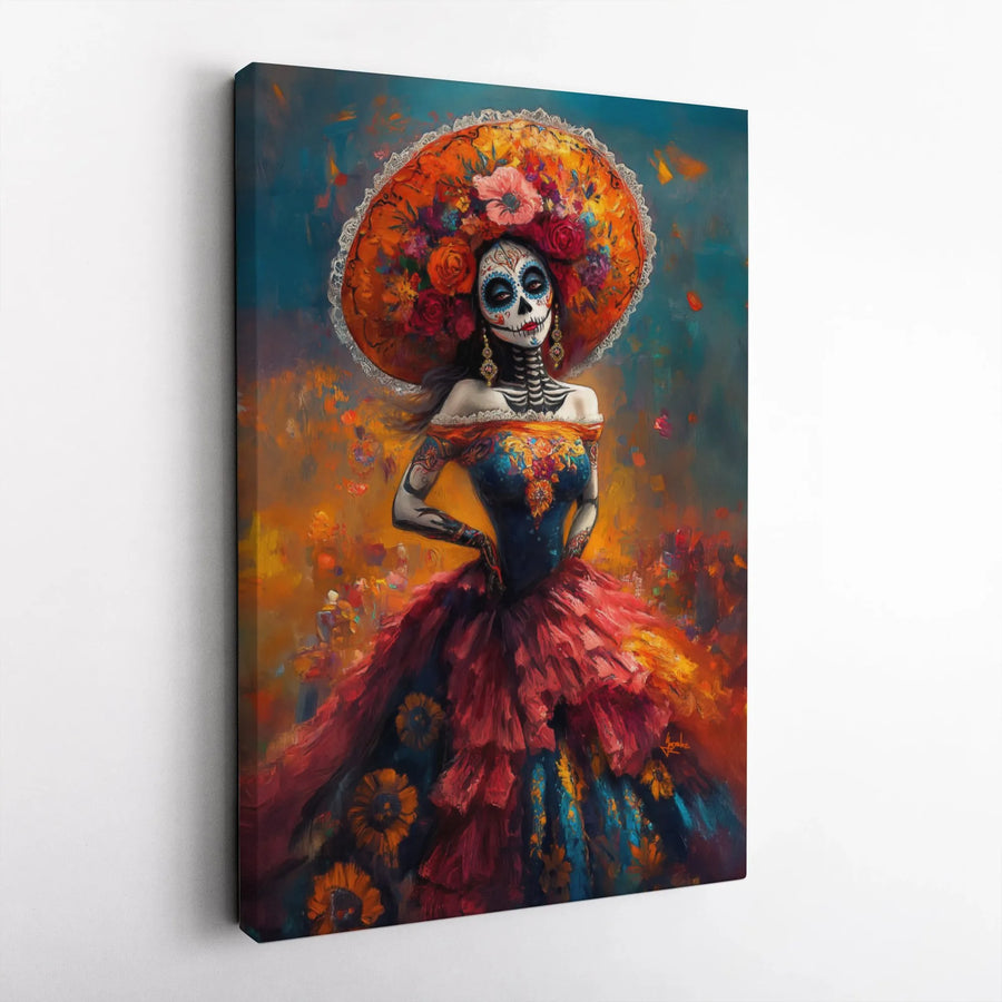 Day Of The Dead Canvas Art | La Catrina Floral Portrait | Premium Gallery Wrap Wall Decor | Mexican Folk Art Gift For Home Office