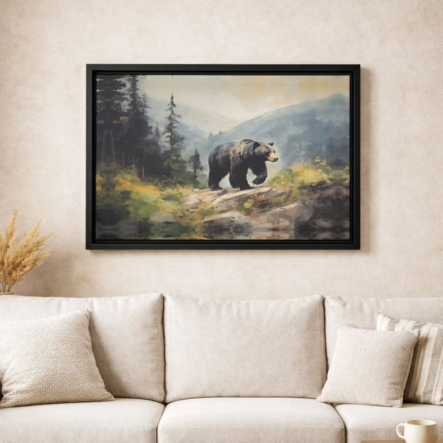 Grizzly Bear Mountain Wall Art | Majestic Wildlife Forest Landscape | Premium Gallery Canvas | Nature Lover Home Office Decor Gift