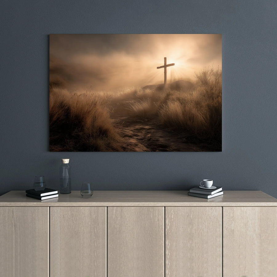 Christian Cross Canvas Wall Art | Misty Sunrise Hill Landscape | Premium Gallery Wrap Print | Religious Home Decor Gift