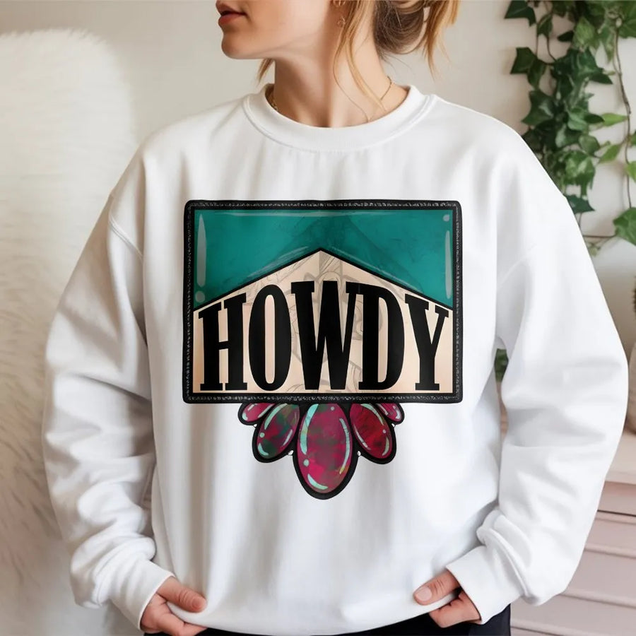 Howdy Western Sweatshirt | Retro Country Rodeo Graphic Design | Premium Cotton Blend Crewneck | Trendy Cowboy Gift For Women And Men